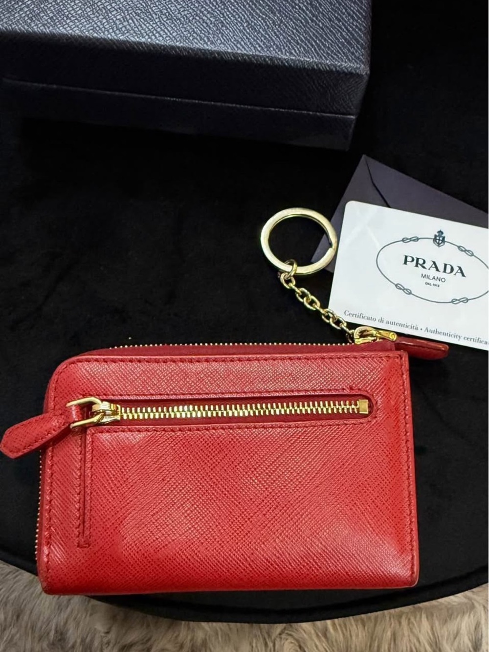 Prada Red Saffiano Leather Zip Card Holder with Gold Key Ring - Picture 2 of 5
